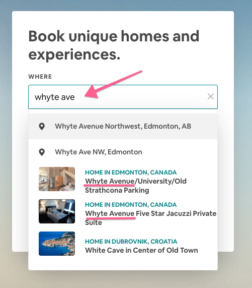 Airbnb Titles search suggestion for whyte ave 1